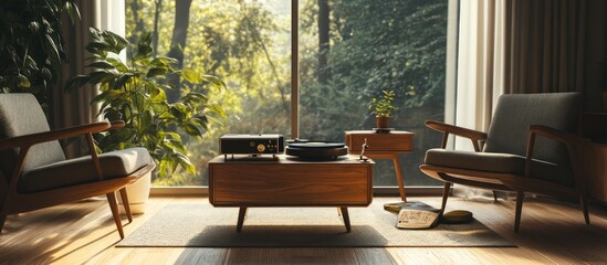 Fototapeta premium Vintage mid-century living room with record player, wooden furniture and plants near a large window