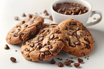 Chocolate chip cookies with coffee on white background.