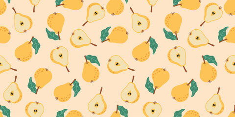 Seamless Pattern of Whole and Sliced Pears. Vector seamless digital pattern featuring whole and sliced pears with green leaves on light background, ideal for textiles, wallpapers and packaging
