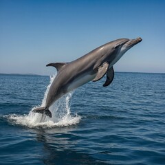 Obraz premium An adult Bottlenose Dolphin leaping gracefully out of the water against a clear blue sky. 