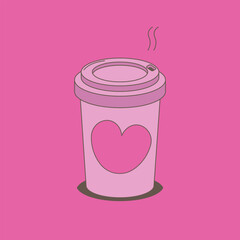 Minimalistic Valentine’s Day cap of coffee to go with hearts, romantic symbols, and pink-red tones. Perfect for cards, social media, web, and print design. Flat vector illustration.