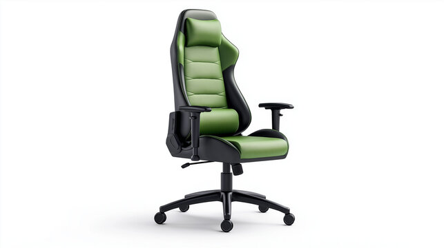 Ergonomic gaming chair with adjustable backrest, lumbar support and headrest cushion promoting comfortable posture during long gaming sessions Modern green and black  gaming chair on white background