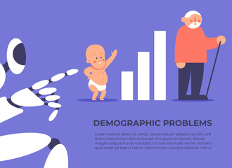Demographic problems with Ai. Increase in the number of old population, aging of the nation, reduced number of newborns, decrease in fertility, mortality outweighs fertility. Flat vector illustration.