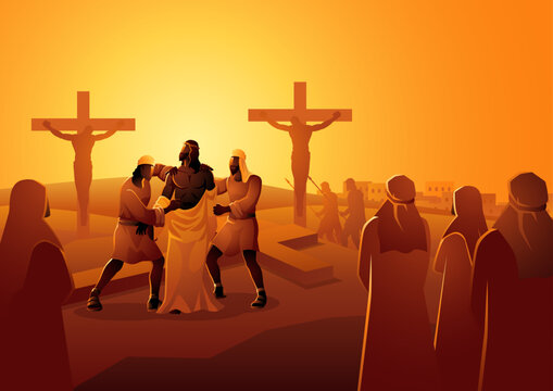 Biblical vector illustration series. Way of the Cross or Stations of the Cross, tenth station, Jesus is Stripped of His Garments.