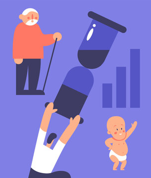 Time Demographic problems. Increase in the number of old population, aging of the nation, reduced number of newborns, decrease in fertility, mortality outweighs fertility. Flat vector illustration.