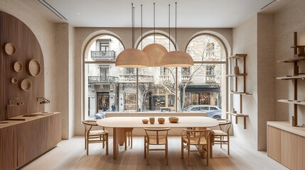 Minimalist store interior, Barcelona street view, light wood furniture, design showcase