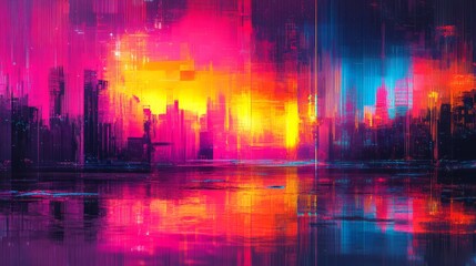 Abstract digital art background with glitch effects and distorted pixel patterns in vibrant neon tones 