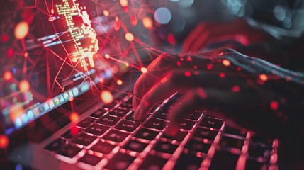 Hands typing on laptop with illuminated bitcoin symbol and bokeh background effect