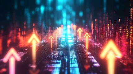 Obraz premium Abstract Digital Cityscape with Ascending Arrows: A Visual Metaphor for Growth and Progress in the Digital Age