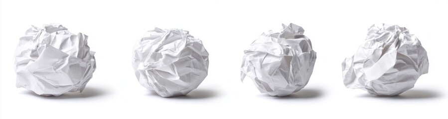 Fototapeta premium Four crumpled paper balls on white background; idea concept