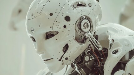 Fototapeta premium Close-up view of a white humanoid robot head with visible mechanical components and wiring