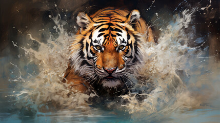 Naklejka premium Dynamic image of a tiger leaping from water, creating dramatic splashes and showcasing its powerful motion