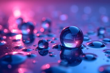 Surreal Water Droplets Glowing in Neon Ambiance with Bokeh Effect