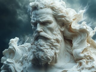 A formidable storm god captured in intricate details showcases his strength and power. Wisps of clouds swirl around him as he commands the elements with intensity, embodying nature's fury