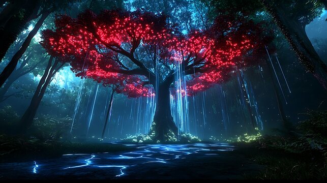 Glowing red tree in dark forest, fantasy scene, digital art, game background