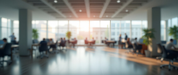 Obraz premium Blurred empty open space office. Abstract light bokeh at office interior background for design