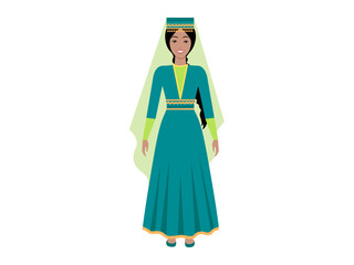 A woman wearing a turkish traditional long-sleeved green dress with yellow accents and a matching headdress. She smiles, exuding cultural elegance and heritage. Ideal for cultural events, heritage