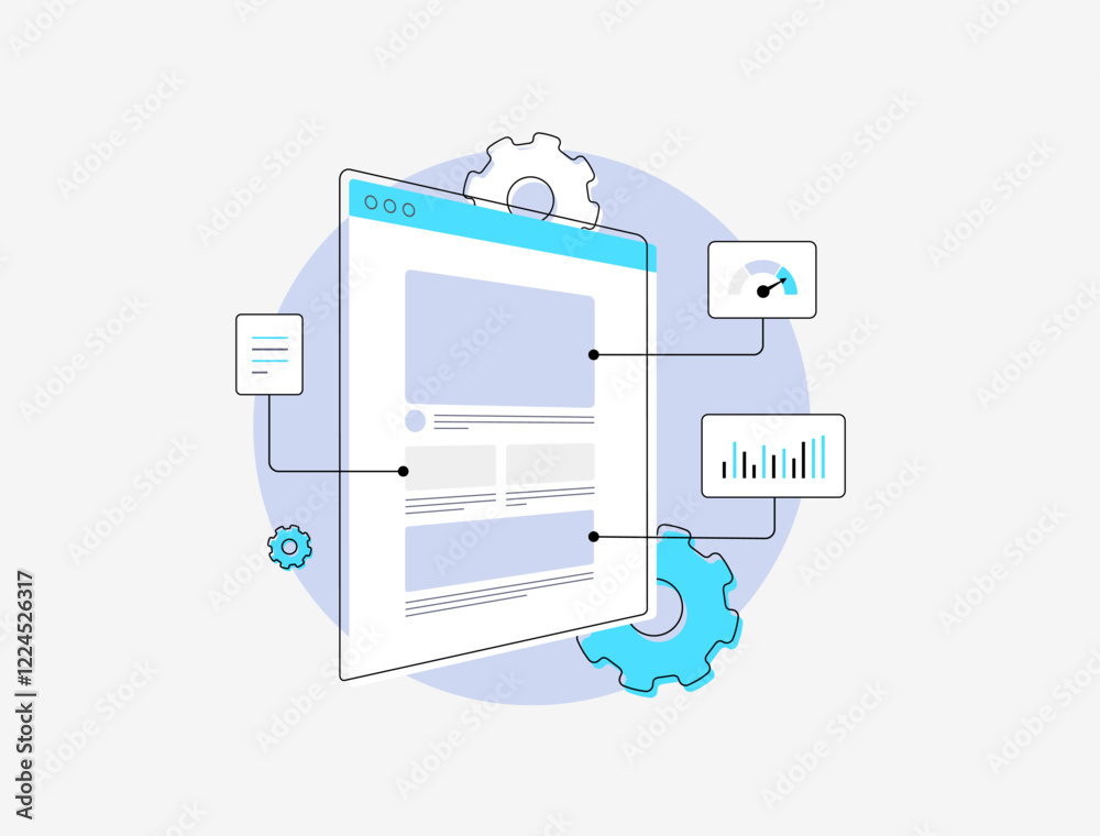 Poster User journey mapping with flowcharts visualizing user path, interactions and ux pain points. Optimizing UX design, website navigation, customer experience for improved usability outline illustration
