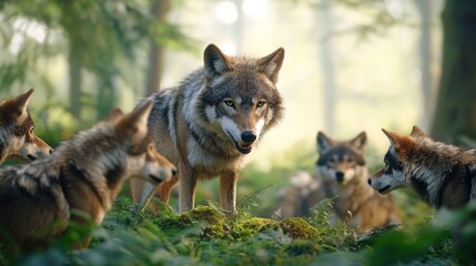 Obraz premium Majestic Wolf Pack in Sunlit Forest