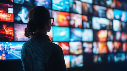 Woman Observes a Wall of Screens Displaying Diverse Media Content