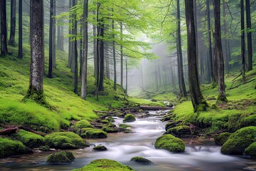 Obraz premium Serene Forest Scene with Lush Greenery and Tranquil Stream Flowing Through Misty Environment in Spring or Summer Season