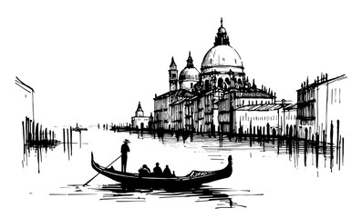 gondola on venice canal with historic architecture black vector colorless drawing © Kaz