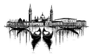 Naklejka premium venice cityscape with gondolas on the water and historic architecture vector colorless artistic decorative drawing