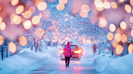 Obraz premium Enchanted Winter Walk: Woman strolling through a snow-covered street adorned with warm festive lights