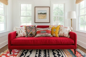 Creative eclectic bohemian decor with vintage touches. Cozy red sofa with decorative pillows in a bright, airy room.