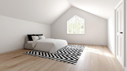 Fototapeta premium Modern attic bedroom with zig-zag rug, large window, sunlight