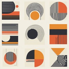 Abstract geometric art print; modern shapes, orange and black; minimalist design, wall decor