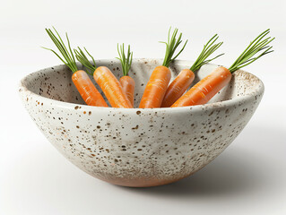 Fresh carrots arranged in a large Mediterranean style bowl with a smooth, white background