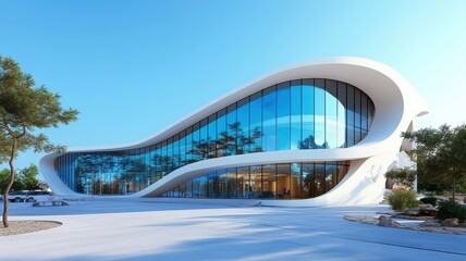 Modern office building with sleek architecture and expansive glass windows reflecting the urban skyline.