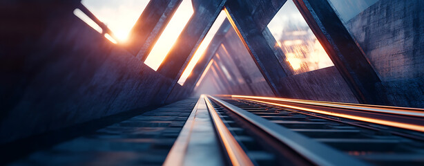 Futuristic tunnel corridor with glowing neon light and metallic surface creates dramatic perspective in architectural interior