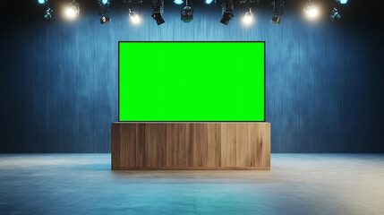 Virtual green screen backdrop on wooden podium with spotlight illumination against dark studio backdrop