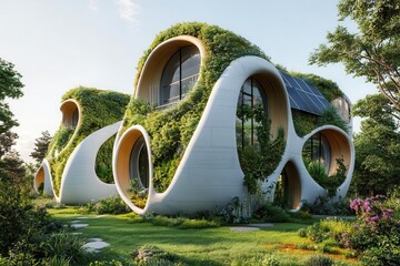 futuristic 3d-printed sustainable housing complex, biomimetic design with living walls and solar integration