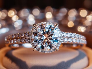 Fototapeta premium Sparkling diamond ring with small stones on band in a soft box with blurred background
