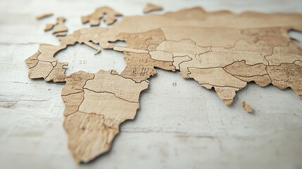 Fototapeta premium Artistic wooden world map with continents in relief, showcasing intricate craftsmanship and unique design on rustic background.