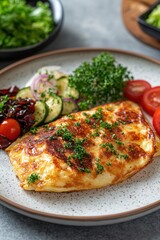Delicious omelet with fresh salad and tomatoes on a speckled plate ready to be served