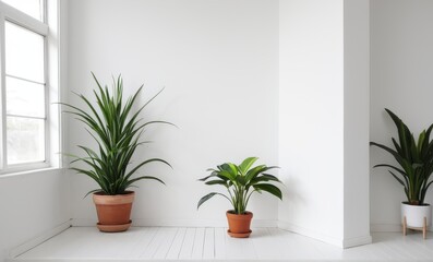 Fototapeta premium Three potted plants, two on the corners, in a bright white minimalist room...Concept: Interior plants, minimalist style.