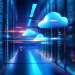 Futuristic data center with glowing elements and digital cloud symbols representing cloud computing and data storage.
