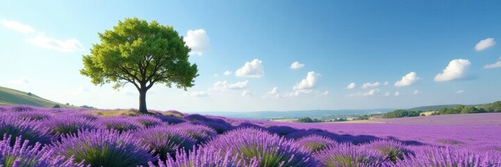 Solitary tree with lavender growing around it, wildflower field, landscape