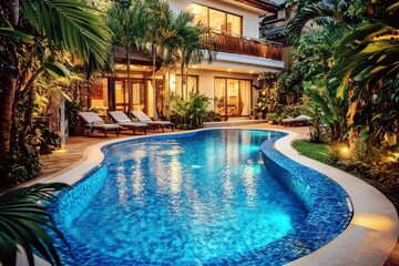 Fototapeta premium Serene Tropical Pool Surrounded by Lush Greenery and Modern Architecture in an Exquisite Outdoor Space for Relaxation and Leisure