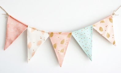 Pastel fabric bunting banner with gold accents, hanging against white background.