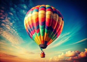 Obraz premium Colorful Hot Air Balloon Soaring in a Blue Sky - Vintage Retro Photo