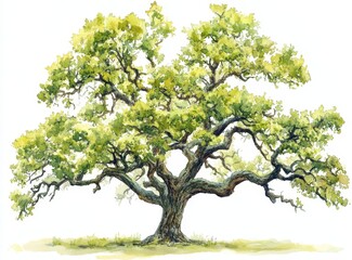 Obraz premium Lush, green oak tree with sprawling branches and thick trunk, isolated on white.