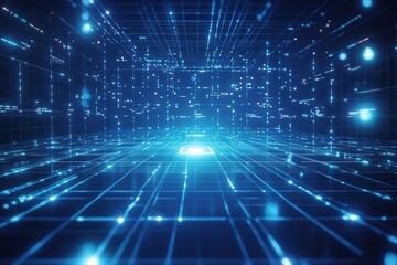 futuristic financial data visualization, holographic stock charts, glowing blue grid matrix, dynamic market analysis interface