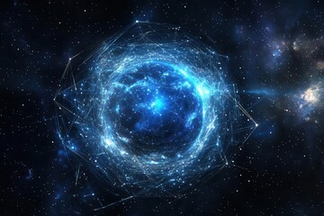futuristic global network visualization with glowing blue data streams encircling earth, satellite connections, and digital grid overlay against starry space
