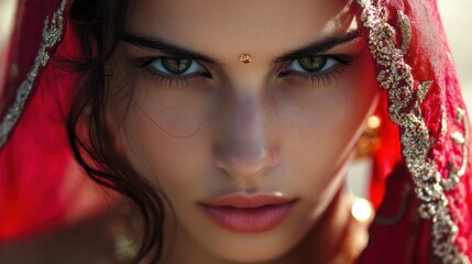 Close-up Portrait of Woman Wearing Traditional Red Veil and Jewelry