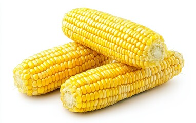Three ears of sweet corn on white background.